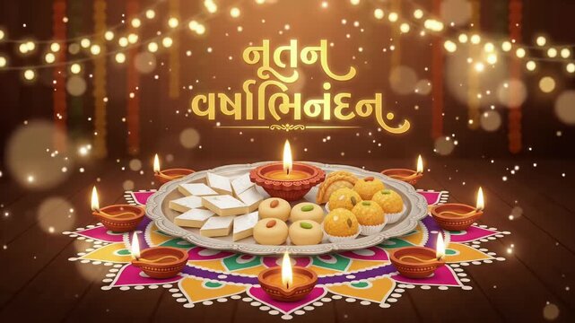 Nutan Varshabhinandan Gujarati New Year Greeting with Sweets Plate and Diyas Motion Graphic Background
