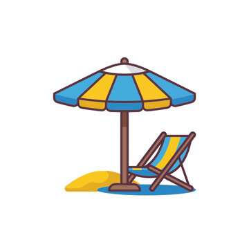 Colorful summer beach umbrella and lounge chair on sand vector illustration