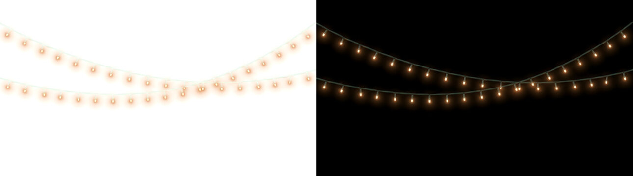 Two draped strings of small warm glowing fairy light bulbs crossing in gentle curves for cozy festive decorations in PNG, Transparent and Black Background Versions