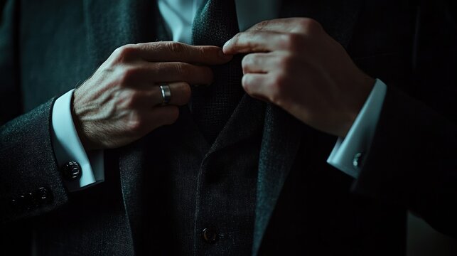 Man adjusting suit jacket in the dark