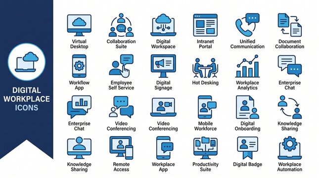 Digital Workplace Icon Set with Virtual Collaboration, Cloud Productivity Tools, and Connected Employee Experience Symbols