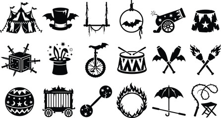 Collection of black silhouette featuring circus and carnival including tents, magic hats, unicycles, juggling clubs, and fire rings © GR Graphics