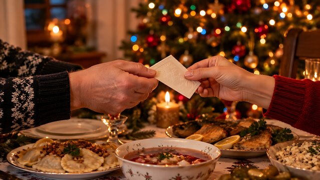 Family sharing christmas wafer over traditional eastern european dinner table