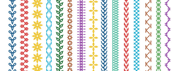 Plakat Embroidery stitch border vector with pattern lines and frame textures. Blanket fabric ornament with machine seam edges and lace stripes. Vintage geometric decor with thread chain design elements.