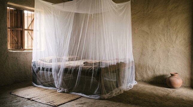 A rustic bed with a sheer mosquito net inside a traditional room with textured earthen walls