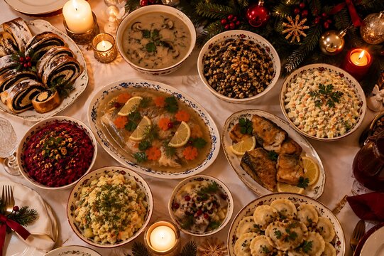Traditional polish christmas eve twelve dishes feast table top view