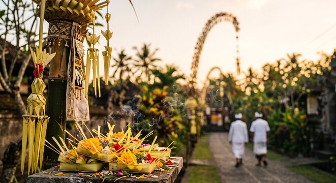 Canang sari offerings with burning incense on a stone altar in a traditional Balinese temple