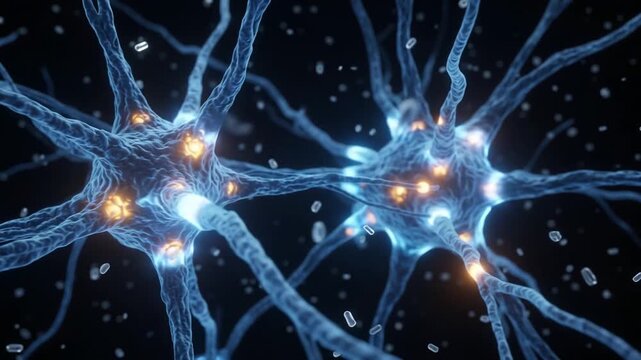 Abstract neural network inspired by human cognitive reasoning synapse, glowing and communicating