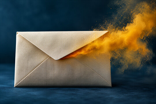 Golden powder escaping from an open envelope against a dark blue background