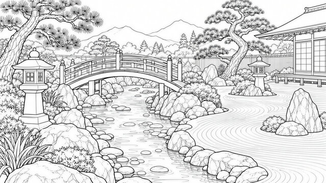 Japanese zen garden line art coloring page with arched wooden bridge, stone lanterns, raked sand, and pine trees