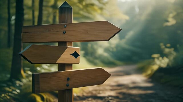 分かれ道で異なる方向を指す木製の道しるべ