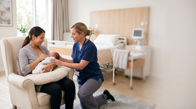 Certified midwife guides new mother on breastfeeding positioning and newborn support using nursing pillow, promoting lactation education, maternal health and postpartum care.