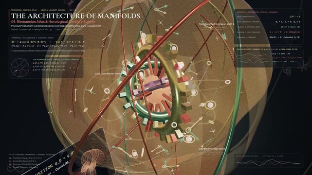 3D animation exploring the architecture of manifolds and geometric topology, featuring Riemannian atlas, symplectic confinement, non orientable topologies, and Calabi-Yau compactification