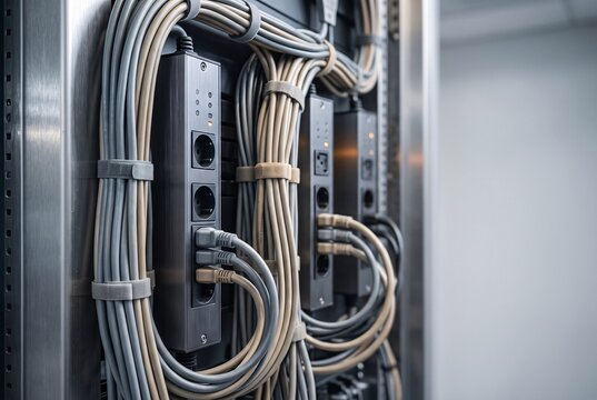 Organized electrical power strips and network cabling inside a modern server rack enclosure