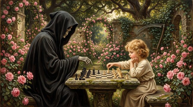 Grim Reaper and child playing chess in a blooming rose garden