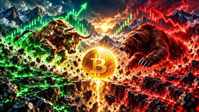 A bull and bear clash over Bitcoin as green and red market charts signal volatility.