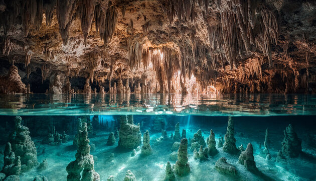 Stalactites and Clear Blue Water Inside Cenote Cave Split View