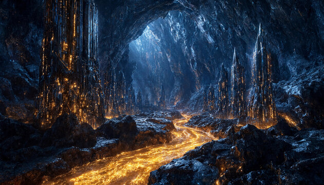 Golden Molten River Flowing Through Mystical Crystal Cavern