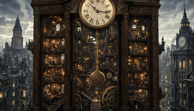 Intricate steampunk clock tower building with gears and people