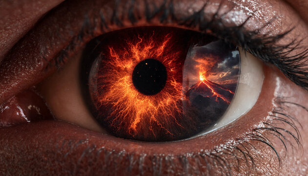 Close up of an eye with a fiery volcanic eruption in the iris