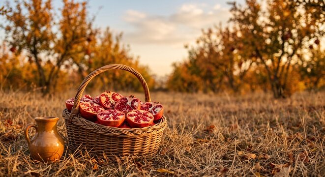 A basket filled with fresh pomegranate halves sits in an autumn orchard at golden sunset