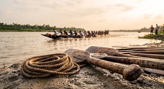 Wooden paddles and rope on the riverbank during a vibrant dragon boat race at golden hour