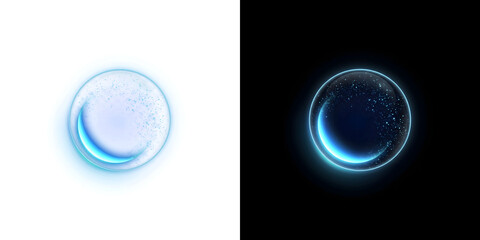 Glass sphere with glowing blue crescent light and tiny sparkling stars in PNG, Transparent and Black Background Versions for overlays © Nyxthrasza