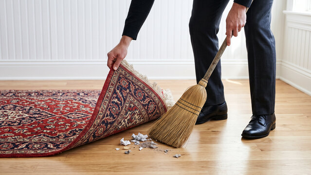 Businessman Sweeping Dirt Under Persian Rug With Broom Concept of Hiding Problems and Cover Up