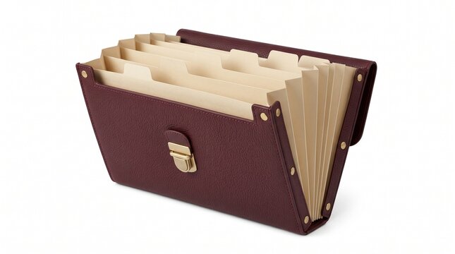 Elegant Burgundy Leather Expanding File Folder with Gold Clasp and Multiple Dividers
