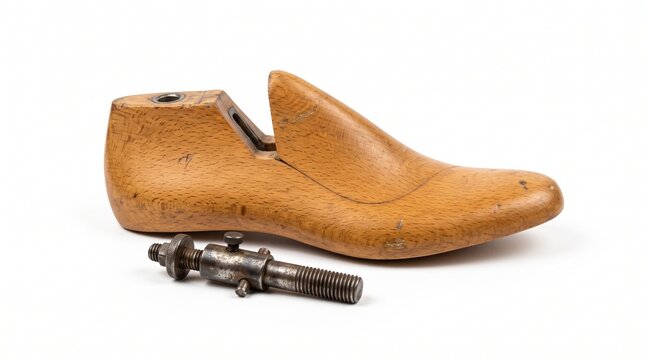 Vintage wooden shoe last and metal adjustment tool on a white background
