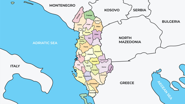 Colourful vector map of Albania featuring districts, administrative regions, and surrounding countries with water bodies