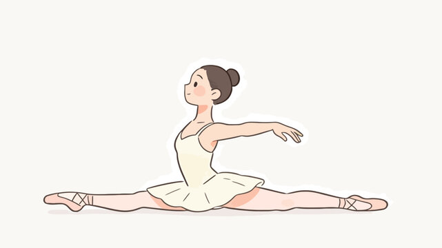 Elegant ballerina in white tutu performing a graceful split stretch, illustrated with soft pastel tones, minimalist style, and