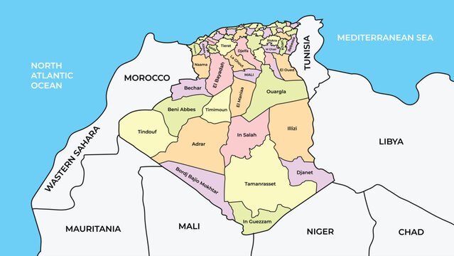 Political vector map of Algeria showing provinces, municipalities, international borders, and neighbouring African nations