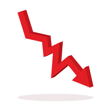 Red 3D jagged downward arrow vector illustration. Geometric financial crisis loss declining trend volume icon isolated on solid white background. Economic recession stock market crash concept arts.