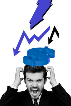 Trend artwork composite banner 3D photo collage of analyzing graphics target goal business young man scream pressure arrow down crisis