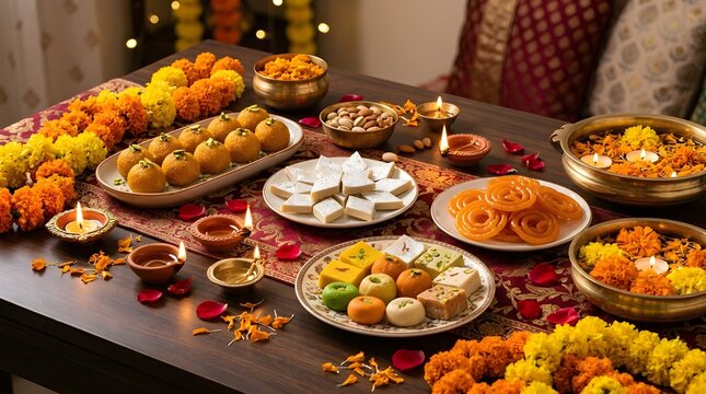 Assorted traditional indian sweets displayed on a table with decorative plates and bowls