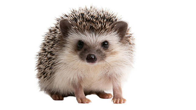 Small African pygmy hedgehog with brown and white quills standing forward