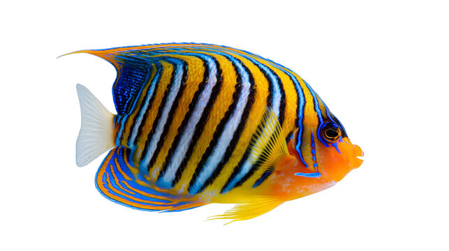 Vibrant blue and yellow striped regal angelfish with orange face