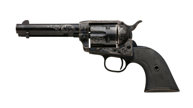 Engraved antique black metal revolver with textured grip