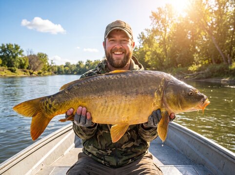 Smiling fisherman holding a large freshly caught carp by a lake on a sunny day