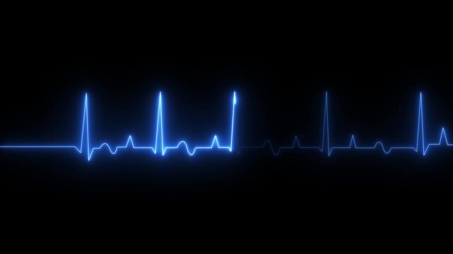 Heartbeat monitor EKG line monitor showing heart pulse .Neon sign heartbeat signal animation , Glowing blue color neon heartbeat icon.4k motion graphics video of black background.