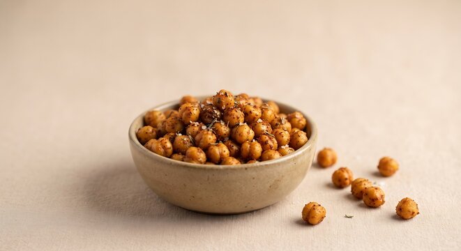 Crispy roasted chickpeas with paprika in ceramic bowl on sand background with copy space