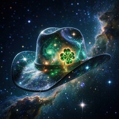 Fototapeta premium Magical cowboy hat with galaxy pattern floats in starry night sky. Glowing green four leaf clover pin on brim acts as lucky charm. Celestial cosmic nebula background creates dreamy fantasy atmosphere