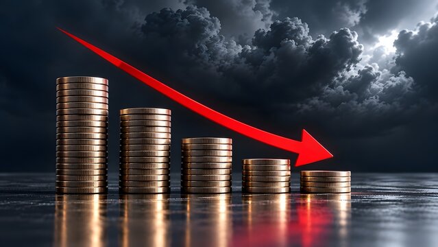 Financial Crisis Concept with Stacked Gold Coins and Descending Red Arrow Under Dark Stormy Sky