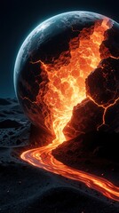 Fototapeta premium Erupting alien planet with glowing lava cracks in dark space. Molten magma flows from cracked sphere across rocky lunar surface. Surreal cosmic landscape shows fiery volcanic eruption, hot orange
