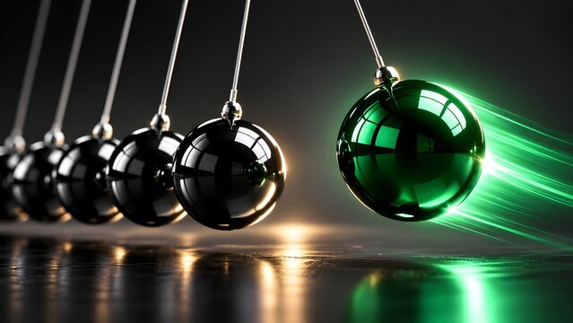 Newton's Cradle with One Green Glowing Sphere Striking Black Spheres Demonstrating Momentum and Energy Transfer