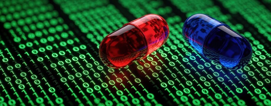 Two red, blue capsules lie on digital screen with green binary code. Medical pills rest on matrix background representing biotech, digital health. Concept of cyber security for pharma online medicine