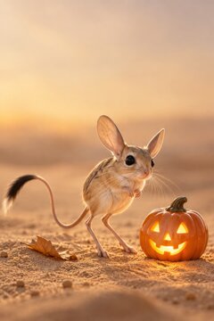 Adorable Long Eared Jerboa Standing Beside Glowing Jack O Lantern Pumpkin in Sandy Desert at Sunset for Whimsical Halloween Concept