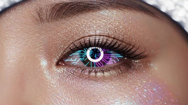 Futuristic Eye With Digital Circuitry Overlay And Glowing Neon Details