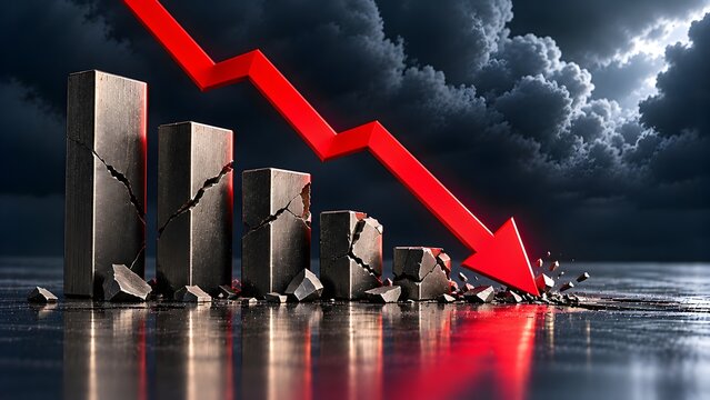 Crumbled stone bar chart collapsing under a jagged red arrow representing financial crisis market crash economic recession and business failure